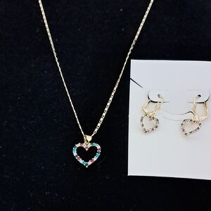 Gold Heart Necklace and Earring Set with Multicolor Stones